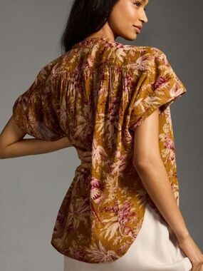 Anthropologie Pilcro Blouse Printed Short Sleeve Cotton Lightweight Button Front